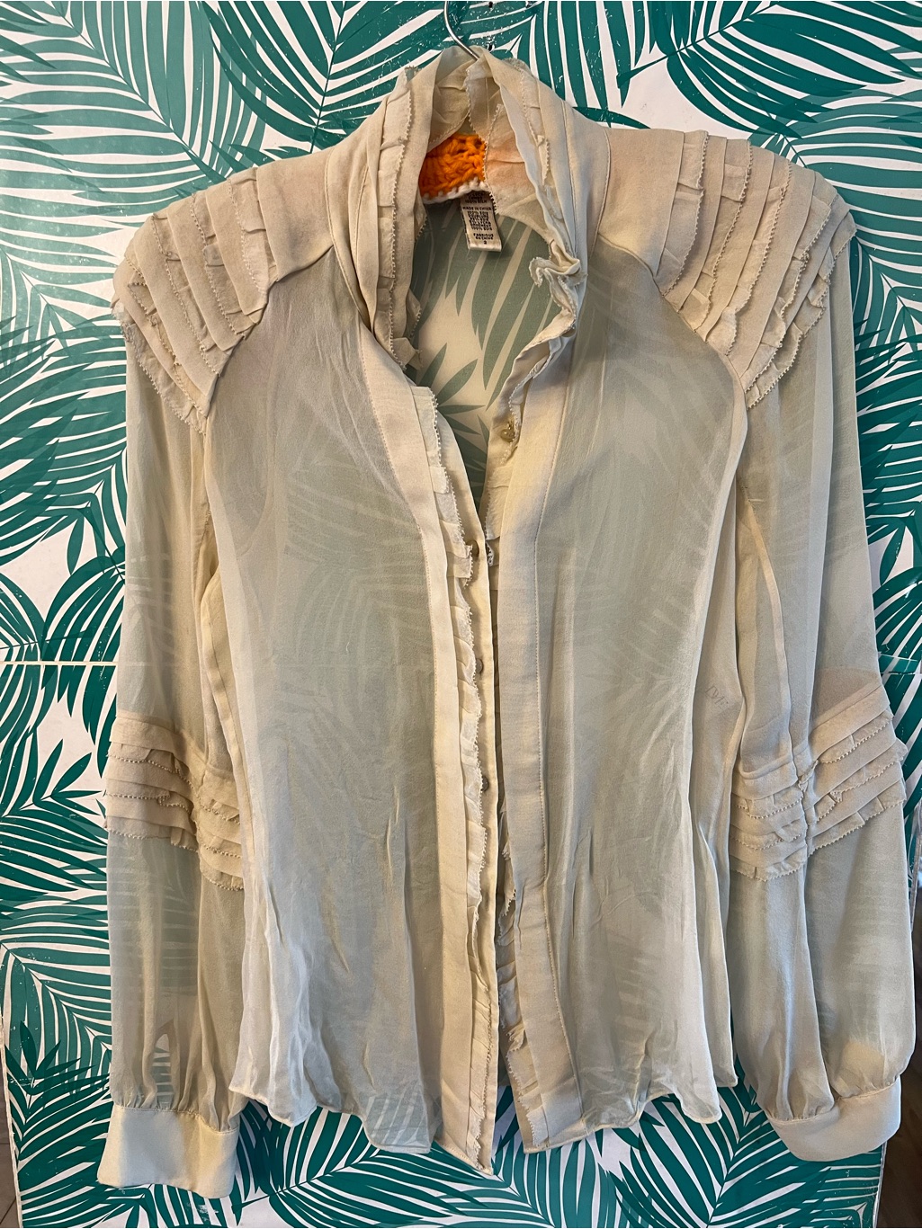 Diane Von Furstenberg Cream Sheer Ruffle-Trim Blouse 100% Silk Vintage Sz 2